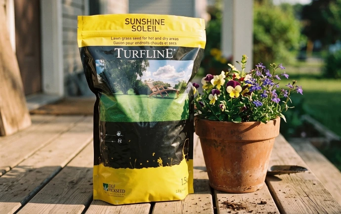 Landscaping supplies and materials arranged in a garden for outdoor landscaping projects.